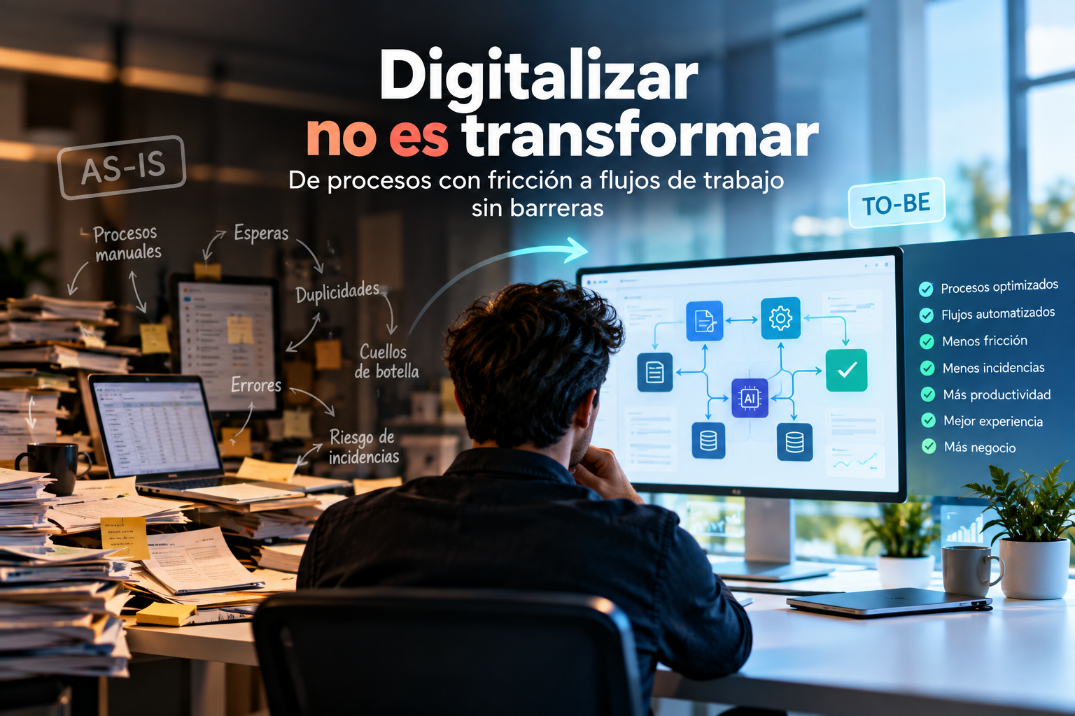 Ilustración sobre la diferencia entre digitalizar un proceso y transformar la forma de trabajar