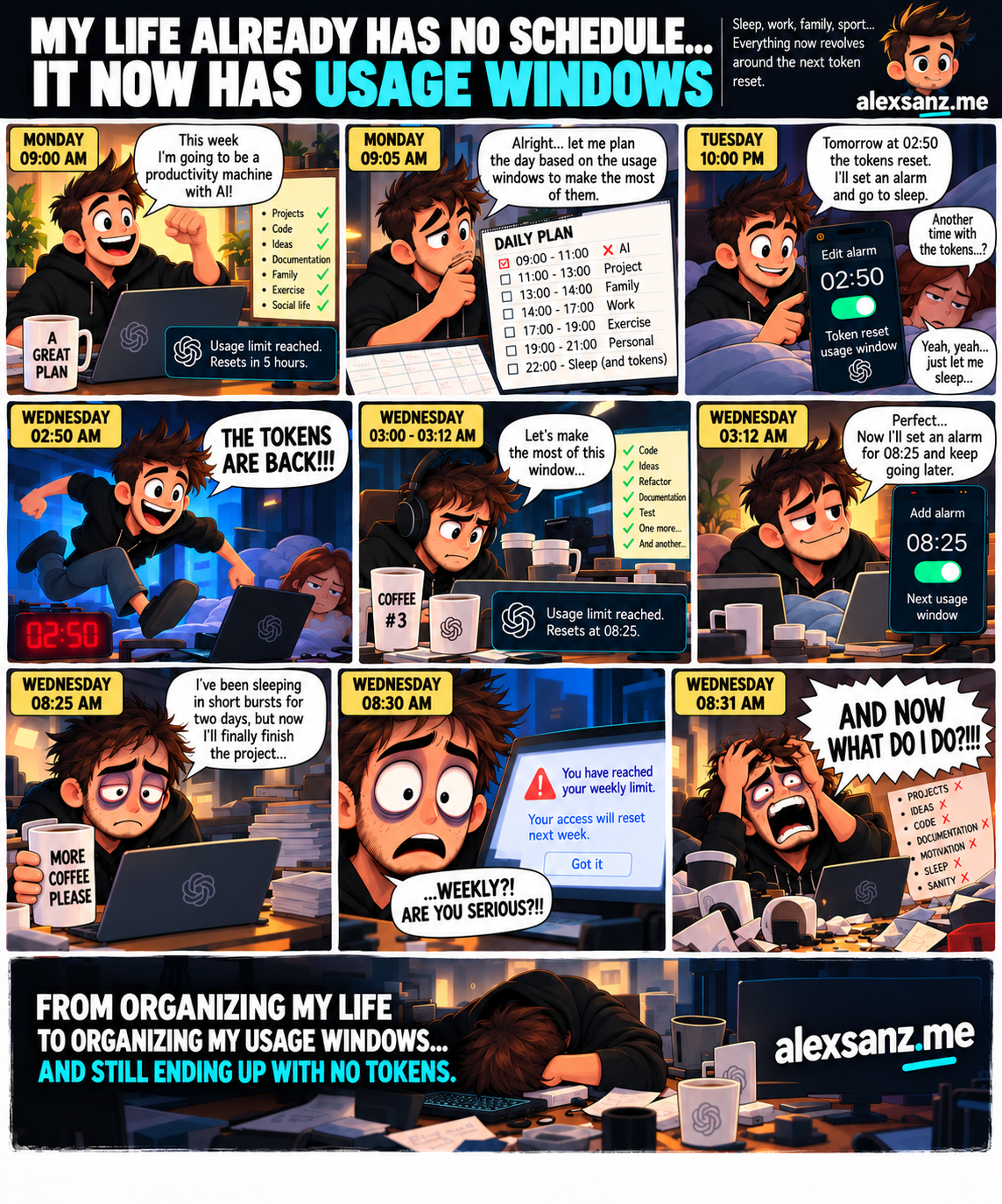 Humorous illustration of NEꓘOT organizing his life around artificial intelligence usage windows